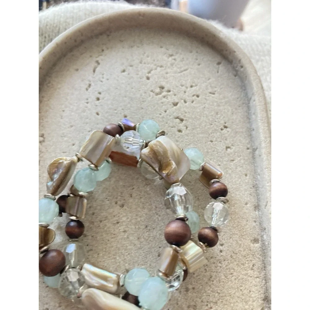 Coastal Bracelet Stack Faux Shell Clear Faceted Aqua Brown Beads Beachy‎ Stretch